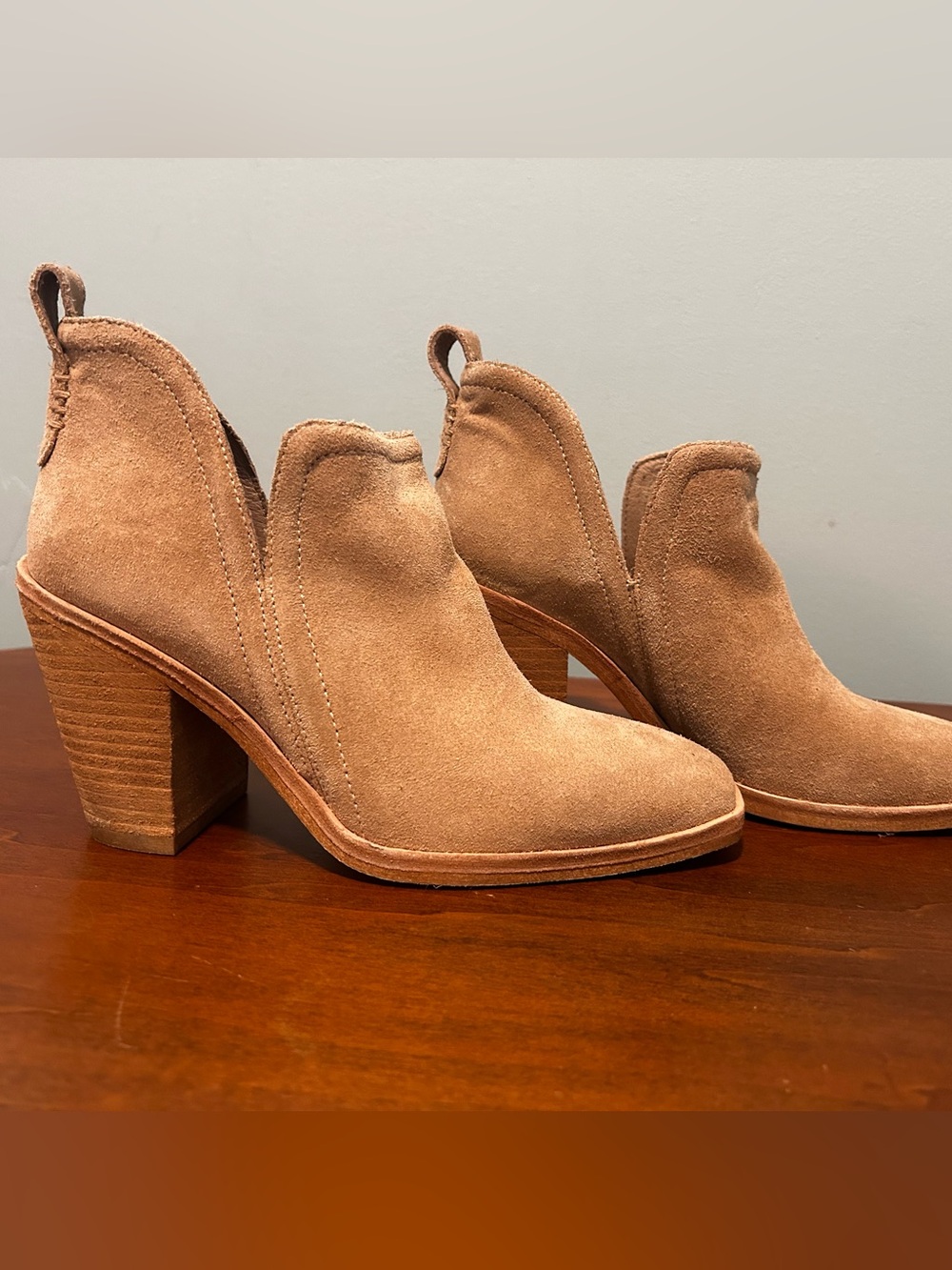 Jeffrey Campbell Rosalee Tan Suede Ankle Booties with split shaft stacked heel 7